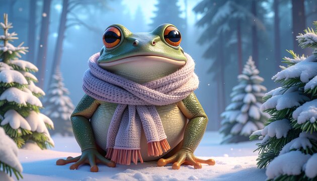 Cute Frog Illustration Wearing a Cozy Winter Scarf in a Snowy Forest Landscape Setting