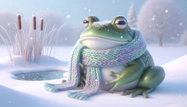 Whimsical green frog wearing knitted winter scarf sitting in snowy landscape illustration