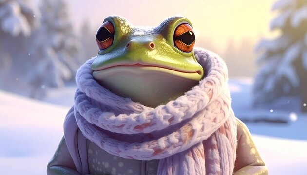 Cute Frog Illustration Wearing A Cozy Winter Scarf In A Snowy Landscape Setting