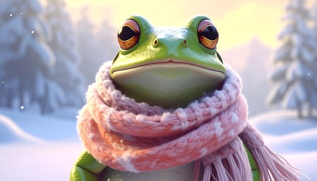 Cute Frog Illustration Wearing A Pink Winter Scarf In A Snowy Forest Landscape Setting
