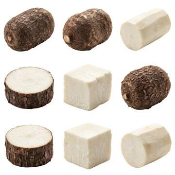 Set of fresh raw taro root pieces including whole, peeled, sliced, and diced cubes isolated on a transparent background for food design and culinary concepts.