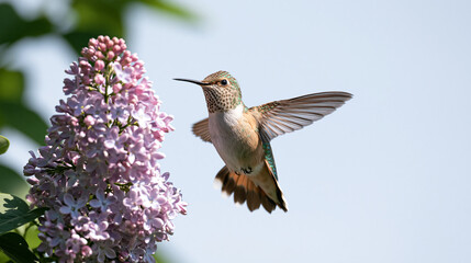 Fototapeta premium Tiny Nectar Feeding Bird Captured Midair Near Spring Flowers