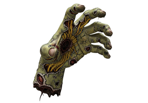 Creepy scary zombie hand with rotten green skin and blood for halloween