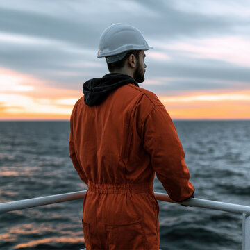 Seafarer wearing orange coverall and white helmet stands on ship deck, gazing at ocean during dramatic sunset, thoughtful mood