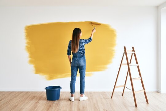 Woman Painting Wall with Yellow Color in Modern Indoor Renovation Setting