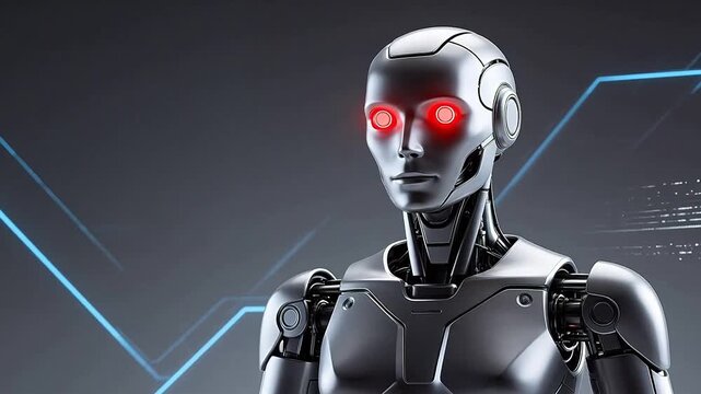 Silver humanoid robot with glowing red eyes