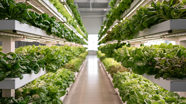 Long Corridor of Hydroponic Plants in a Bright Farm Interior