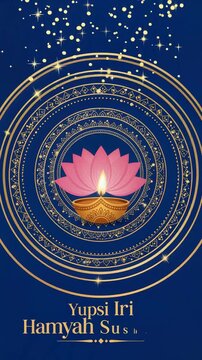 Bhadrapada Kalashtami Diya Lamp and Pink Lotus on Blue Background