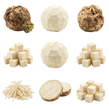 Fresh celeriac root set with whole, peeled, cubed, and sliced pieces, isolated on transparent background for food design and healthy cooking concepts.