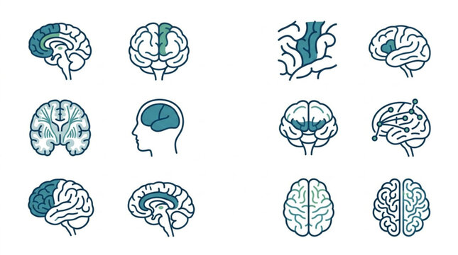 Detailed collection of human brain illustrations in various styles.