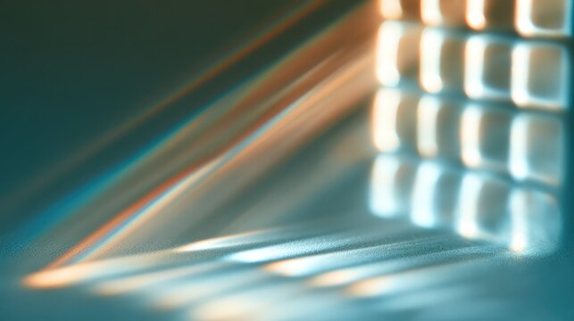 Abstract macro shot of light passing through structured medium, soft light grid on pale blue surface, diagonal rainbow spectrum streak, blurred rounded bright squares with cyan borders, dreamlike ethe