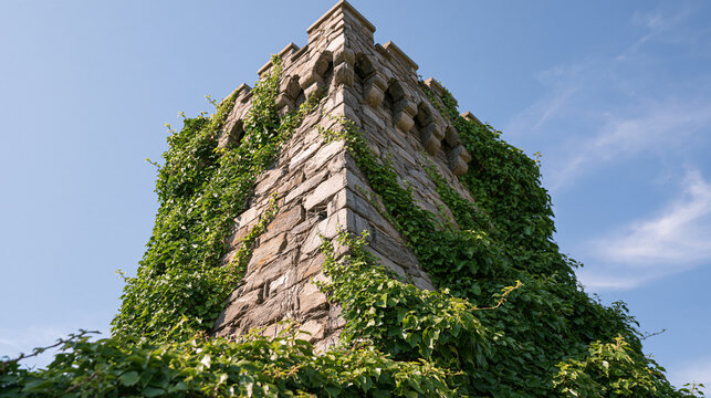 Historic Masonry Structure Wrapped in Climbing Green Vines