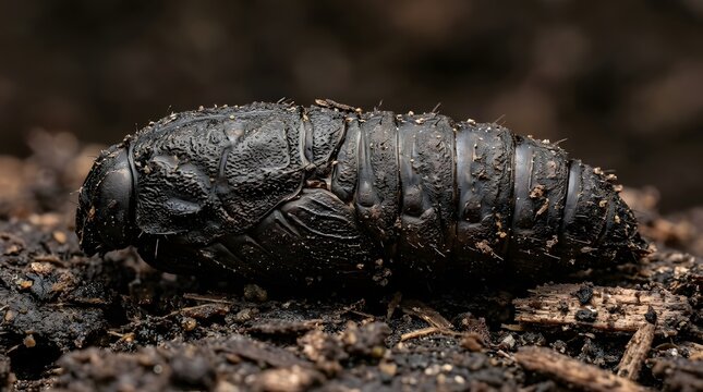 Macro Close Up of Black Soldier Fly Pupa on Organic Soil Background