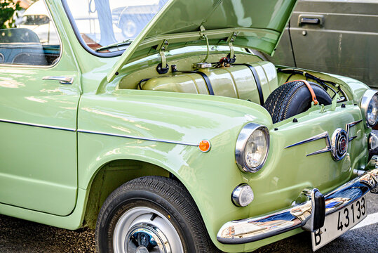Santa Margherita de Montbui; May 23, 2026: Classic car exhibition, a gleaming green Seat 600