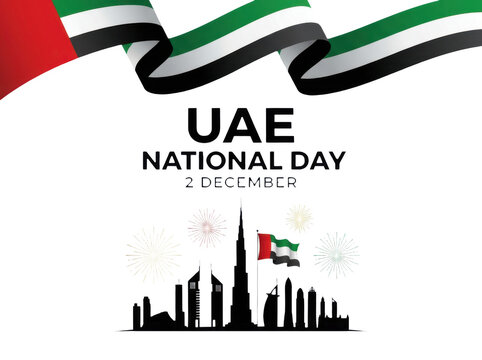 Uae national day celebration background with dubai skyline silhouette, waving flag and fireworks, isolated on transparent background