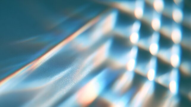 Abstract macro shot of light passing through structured medium, soft light grid on pale blue surface, diagonal rainbow spectrum streak, blurred rounded bright squares with cyan borders, dreamlike ethe