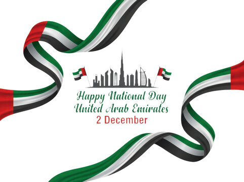Uae national day celebration background with waving flag ribbons and dubai city skyline silhouette, isolated on transparent background