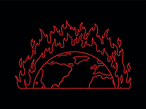 Red Line Flaming Earth Globe Isolated on Black