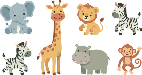 Fototapeta premium Cute baby safari animals flat vector illustration collection. Friendly cartoon elephant, giraffe, lion cub, zebra, hippopotamus, and monkey set isolated on white background for kids design.