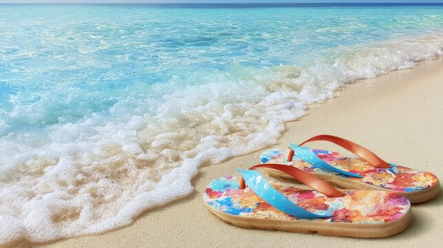 Minimal Beach Composition with Colorful Flip Flops on Sandy Shore Under Bright Sunny Sky