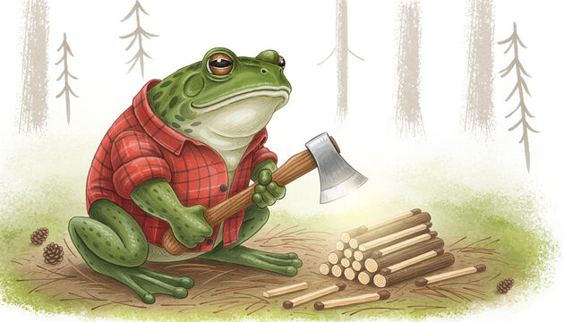 Lumberjack Frog Illustration Wearing A Red Flannel Shirt Holding An Axe In The Forest