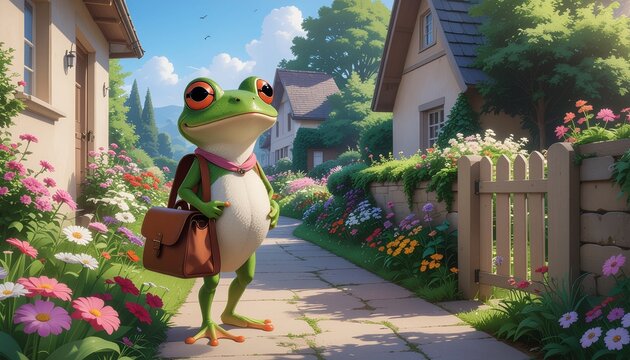 Mailman Frog Illustration Standing on a Sunny Suburban Path with a Leather Satchel Bag