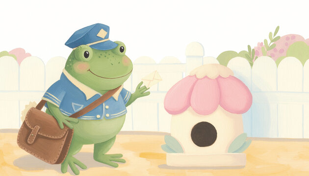 Cute Mailman Frog Illustration Delivering Mail to a Whimsical Garden House Postbox