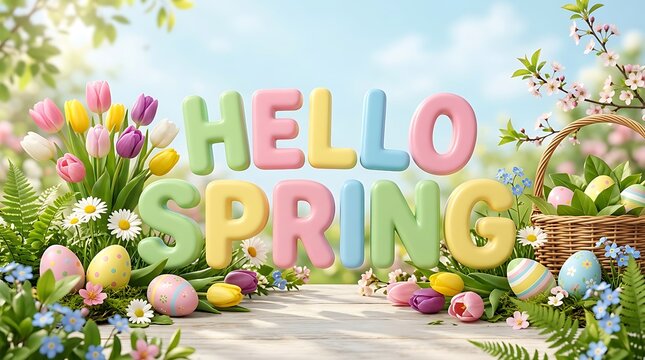 Hello spring text with colorful easter eggs and tulips