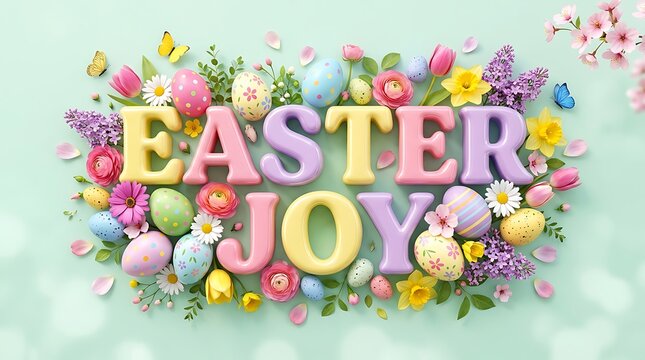 Easter joy text with colorful flowers and decorated eggs