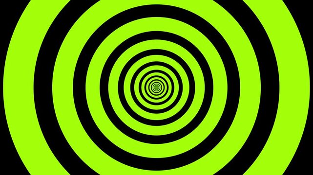 Abstract green and black concentric circles hypnotic tunnel loop animation for optical illusion background, 2d hypnotic green circle expanding vortex motion graphic loop