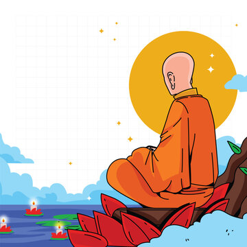 A Buddhist monk meditating peacefully next to a flowing river in a serene nature landscape