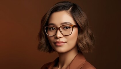 Fototapeta premium A confident young woman with short brown hair and stylish glasses poses against a warm brown background.