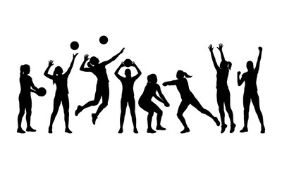 Obraz premium Black silhouette collection of women volleyball players in various action poses isolated on a white background