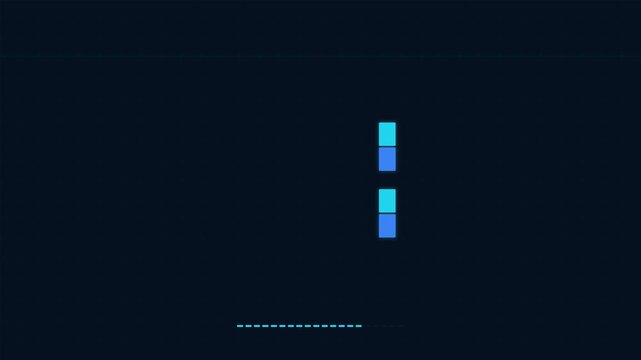 Abstract blue digital loading animation with glowing square blocks and dotted line on dark background