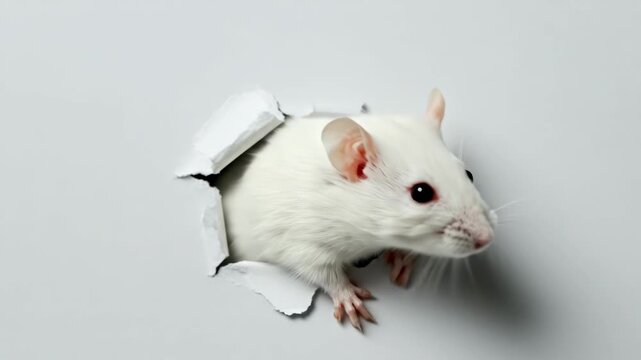 Curious white mouse peeking through a torn hole in white paper.