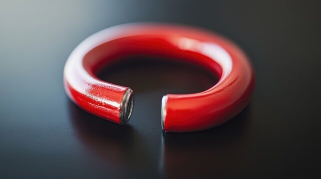 Red circular broken ring with smooth metallic ends rests on a reflective dark surface presenting a conceptual design of disruption.