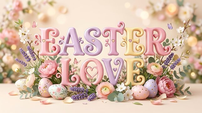Easter love text sign with colorful eggs and spring flowers