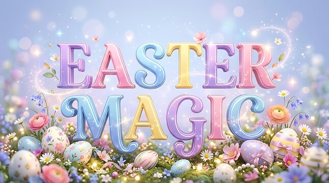 Easter magic text with colorful eggs and spring flowers