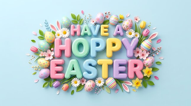 Have a hoppy easter text with colorful eggs and flowers