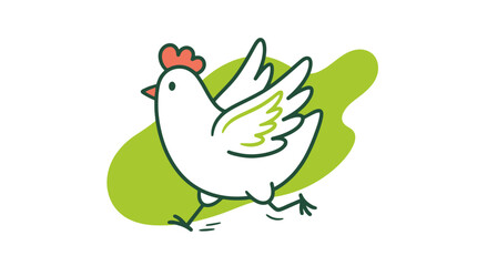 Fototapeta premium Minimalist cartoon illustration of a happy white chicken running, isolated on white background with green accents.