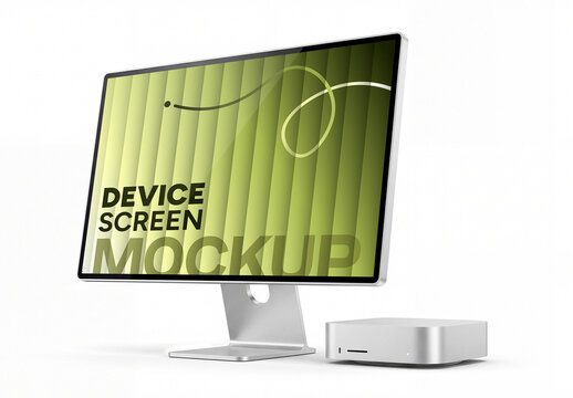Desktop Computer Monitor and Mini PC Mockup on Desk
