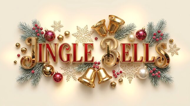 Jingle bells text sign with golden bells and pine branches