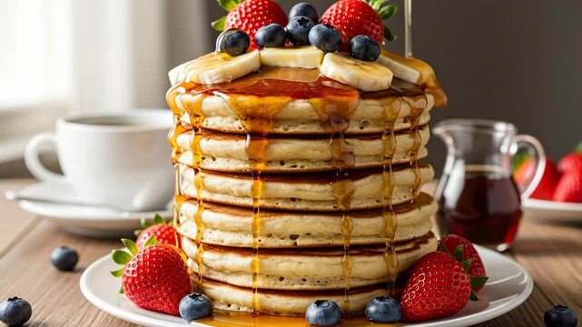 Delicious stack of golden pancakes with syrup, fresh berries, and banana slices.