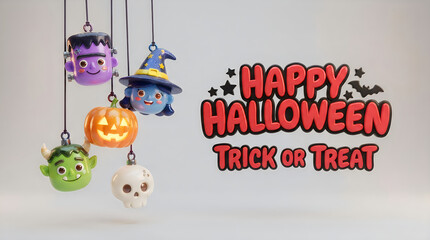 Fototapeta premium Happy halloween greeting card design with hanging cute monster ornaments and trick or treat text
