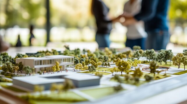 Architectural model of modern sustainable residential complex featuring green landscaping and tiny building structures with blurred professional team background