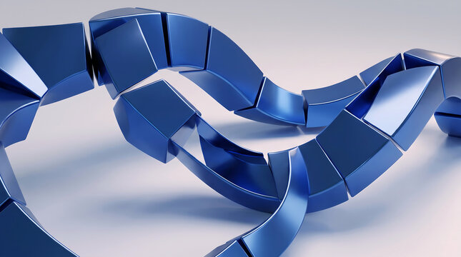 Interlocking blue metallic geometric cuboid segments flowing