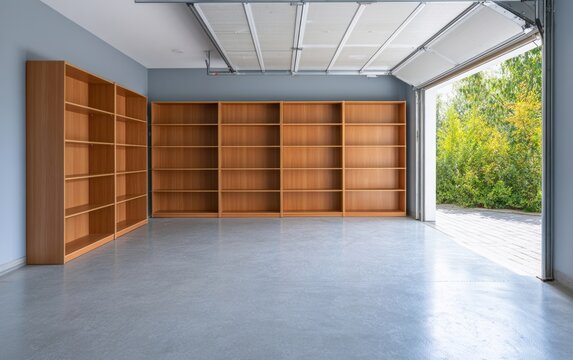 Spacious Modern Garage Interior with Shelving Units and Natural Light Inflowing from Open Doors