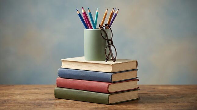 Stack of colorful books with glasses and colored pencils on top