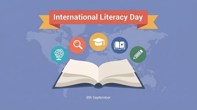 International literacy day illustration with open book and icons
