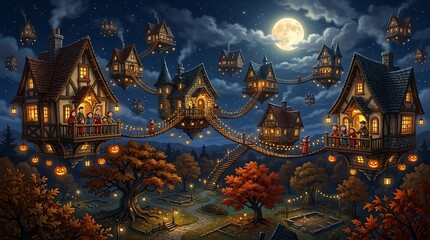 Fototapeta premium Floating Halloween village with glowing houses and bridges under a full moon night sky